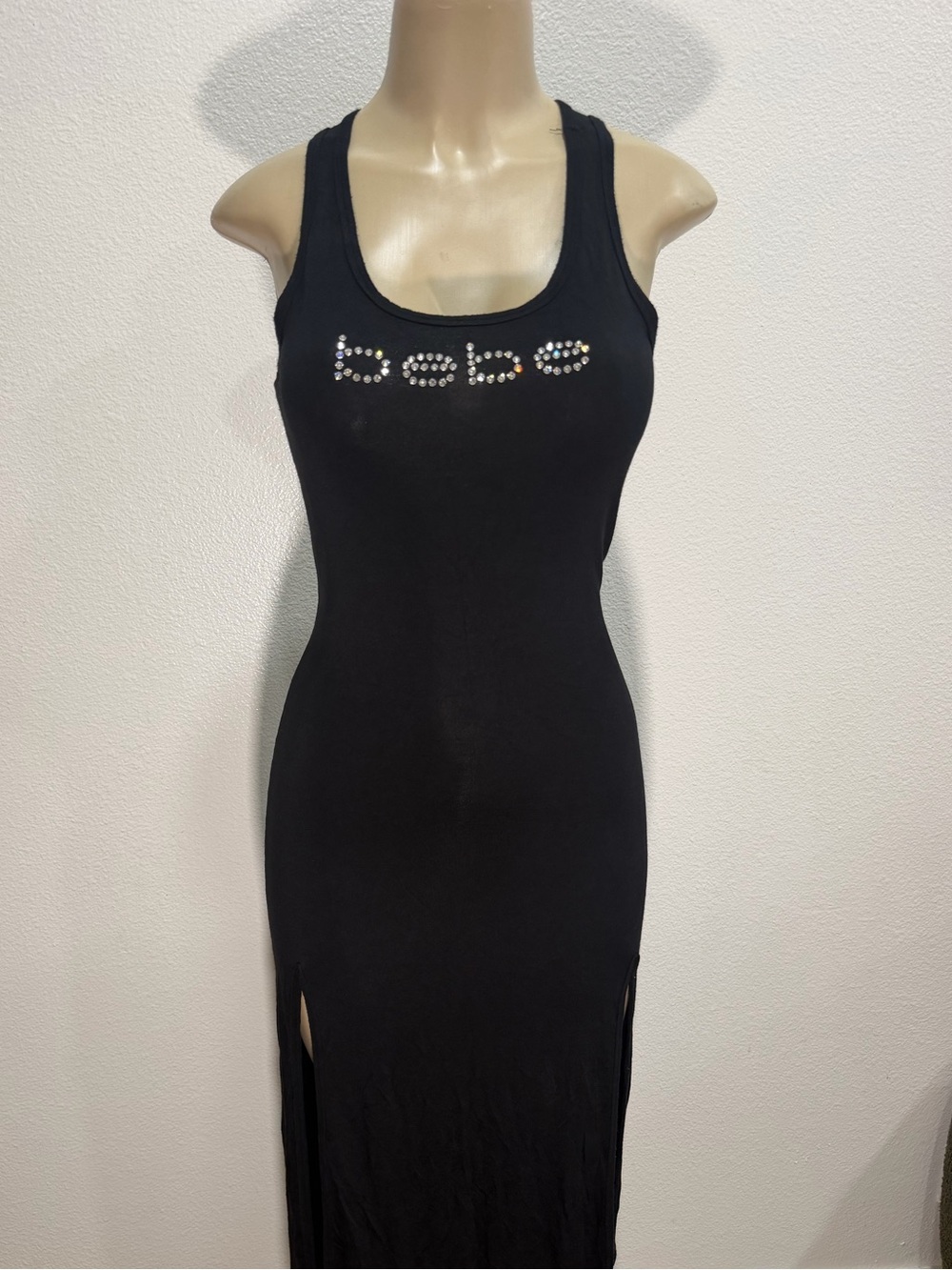 BEBE Black Rhinestone Logo Tank Maxi Dress with Side Slits